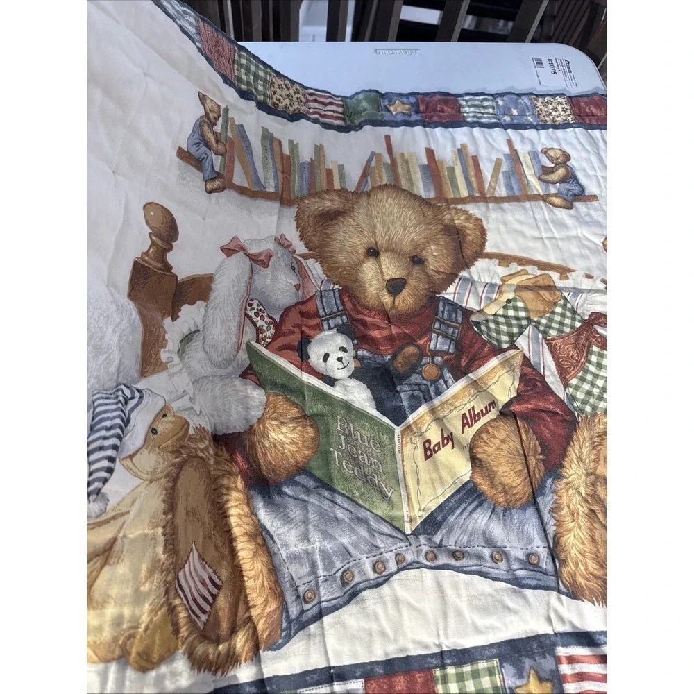 Vintage Handmade Teddy Bear‎ Baby Quilt 5'x3' Satin Backing W/ Imperfections